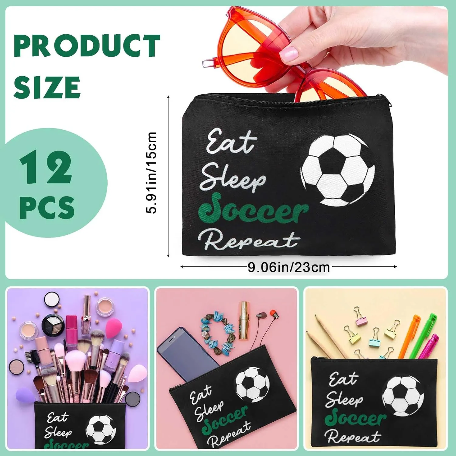 12 Pcs Makeup Bag Cosmetic Bag Gifts for Women Portable Canvas Zipper Pouch Travel Toiletry Organizer Case for Women Team Party Favors(Soccer)