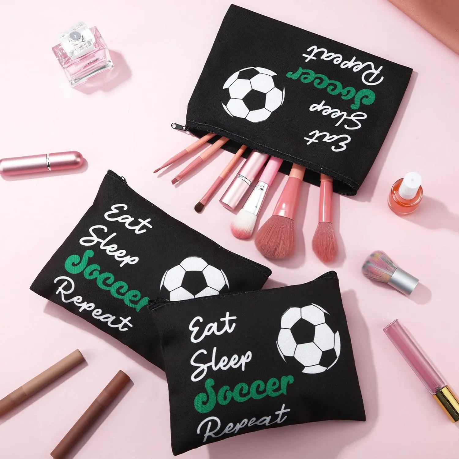12 Pcs Makeup Bag Cosmetic Bag Gifts for Women Portable Canvas Zipper Pouch Travel Toiletry Organizer Case for Women Team Party Favors(Soccer)