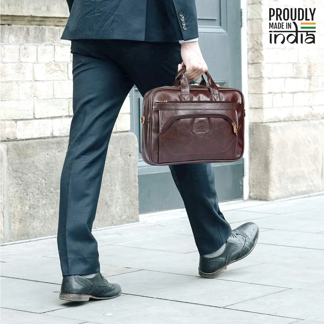 15.6 inch Laptop Messenger Bag - Water Resistant Vegan Leather | Adjustable Strap | 11 Litres | Dark Brown