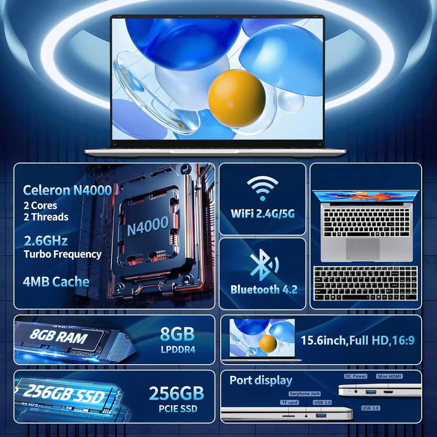 15.6 inch Laptops, 8gb RAM Laptop Computer with 256GB SSD, Traditional Laptops N4000, Netbook Computers Full HD 1920X1080 Display WiFi5 Mini-HDMI 180 Angle Opening lap top For Student Business Work