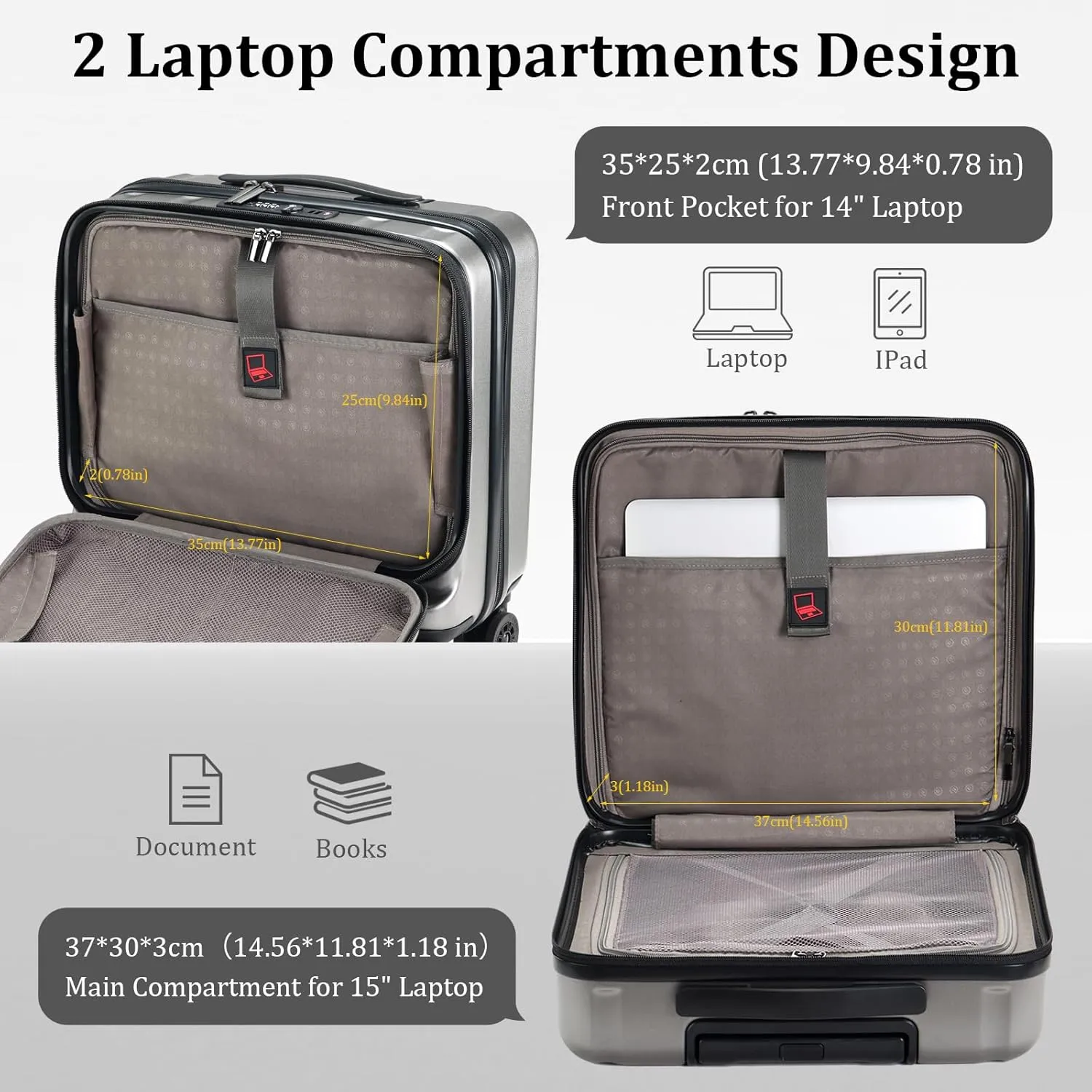 16 Inch Carry On Luggage with 2 Compartments for 14” & 15” Laptop, 16.14*8*17.12” Rolling Briefcase, Lightweight Hardshell ABS PC Suitcase with Spinner Silent Wheels, for Business Trip, Dark Gray
