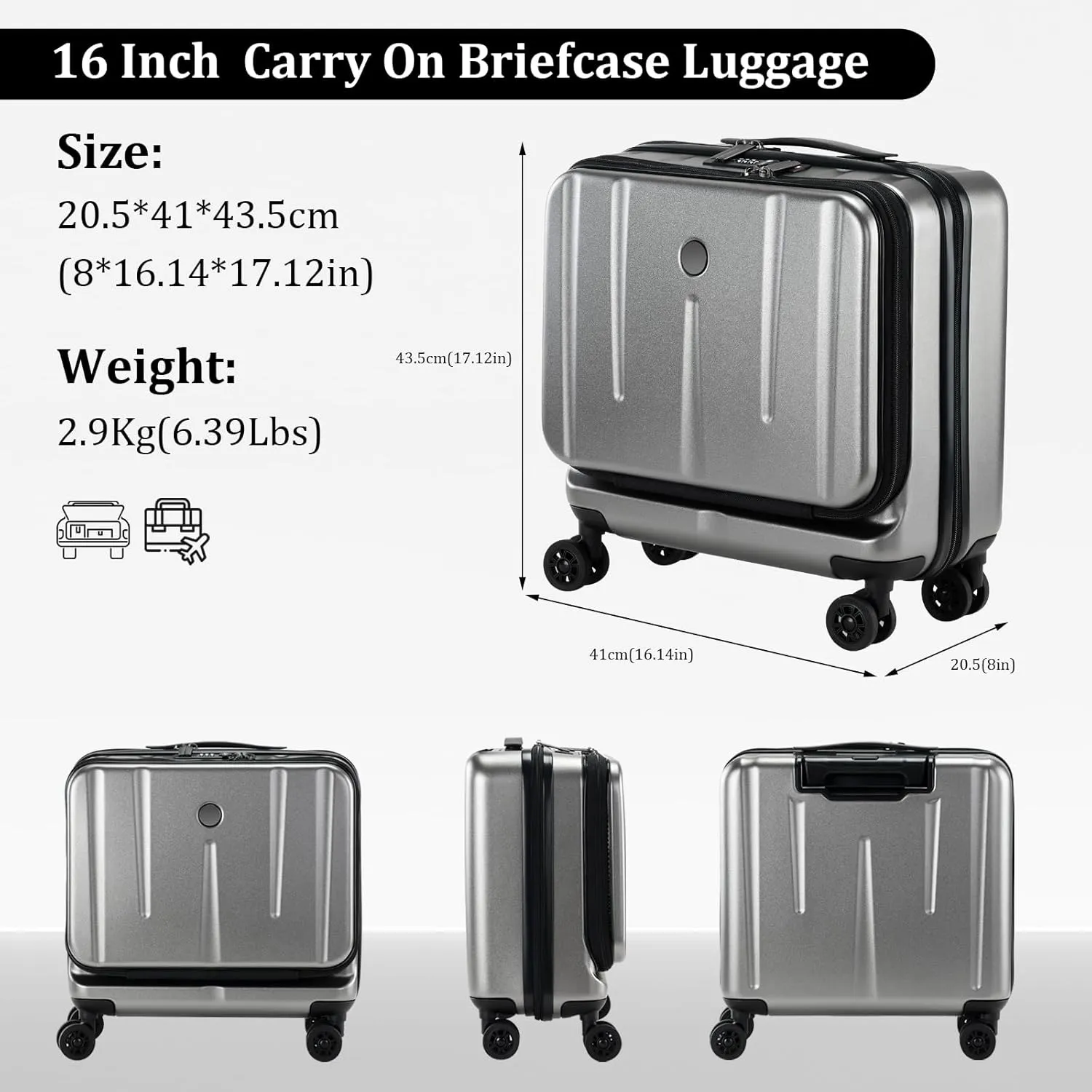 16 Inch Carry On Luggage with 2 Compartments for 14” & 15” Laptop, 16.14*8*17.12” Rolling Briefcase, Lightweight Hardshell ABS PC Suitcase with Spinner Silent Wheels, for Business Trip, Dark Gray