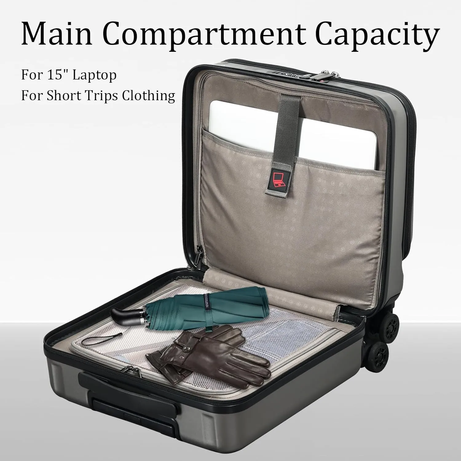 16 Inch Carry On Luggage with 2 Compartments for 14” & 15” Laptop, 16.14*8*17.12” Rolling Briefcase, Lightweight Hardshell ABS PC Suitcase with Spinner Silent Wheels, for Business Trip, Dark Gray