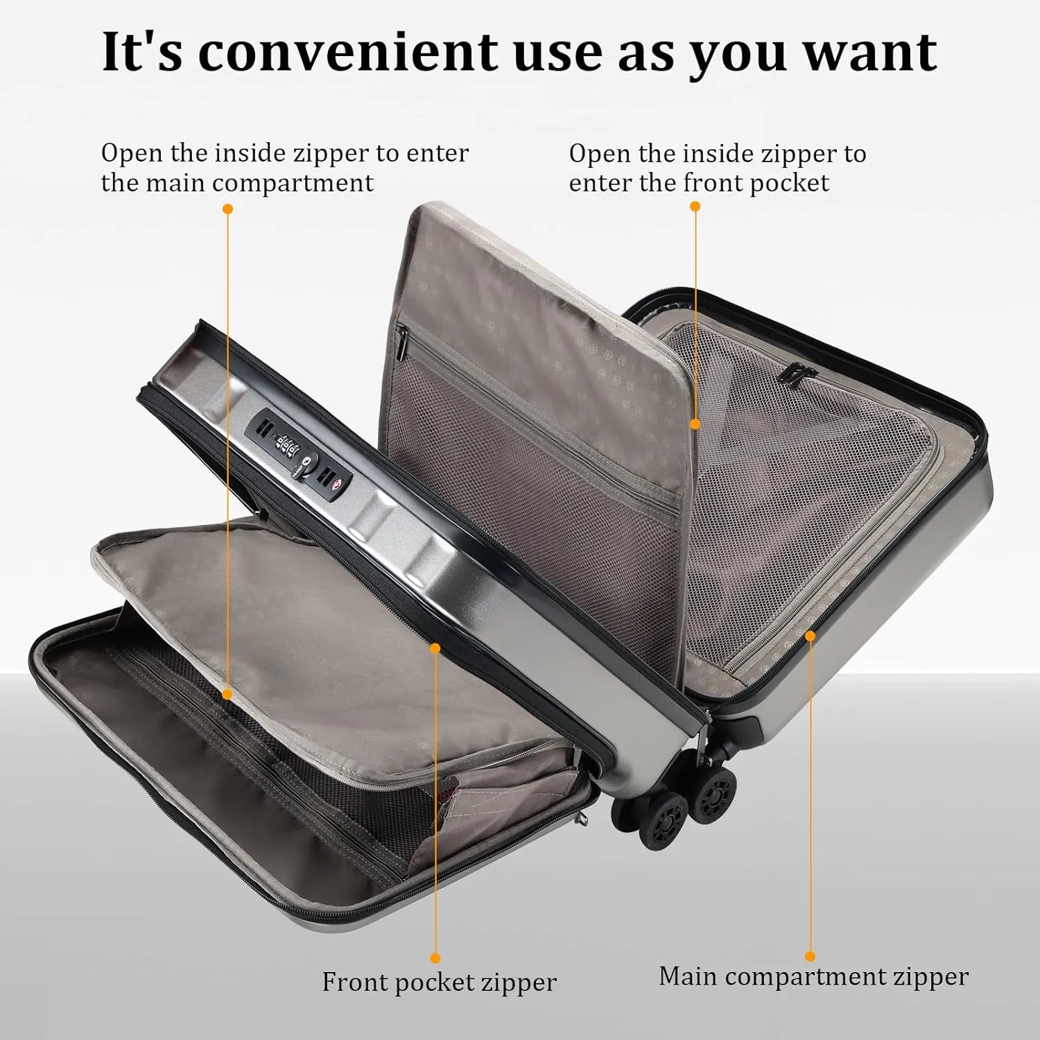 16 Inch Carry On Luggage with 2 Compartments for 14” & 15” Laptop, 16.14*8*17.12” Rolling Briefcase, Lightweight Hardshell ABS PC Suitcase with Spinner Silent Wheels, for Business Trip, Dark Gray