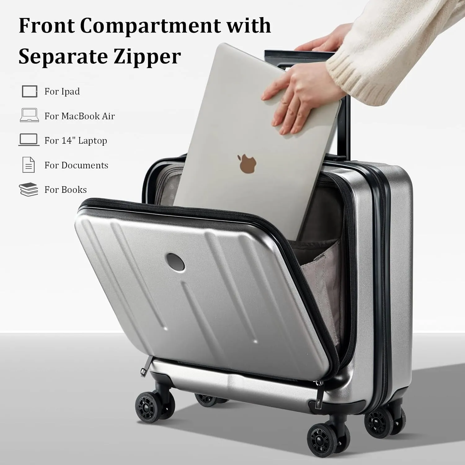 16 Inch Carry On Luggage with 2 Compartments for 14” & 15” Laptop, 16.14*8*17.12” Rolling Briefcase, Lightweight Hardshell ABS PC Suitcase with Spinner Silent Wheels, for Business Trip, Dark Gray