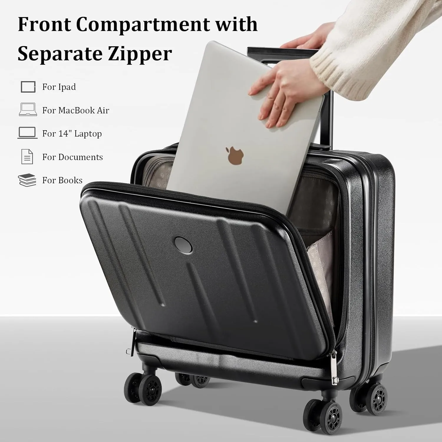 16" Carry On Briefcase Luggage with 2 Laptop Compartments, Lightweight Hardshell Suitcase with Spinner Silent Wheels, for Commute Work Business Trip, Black