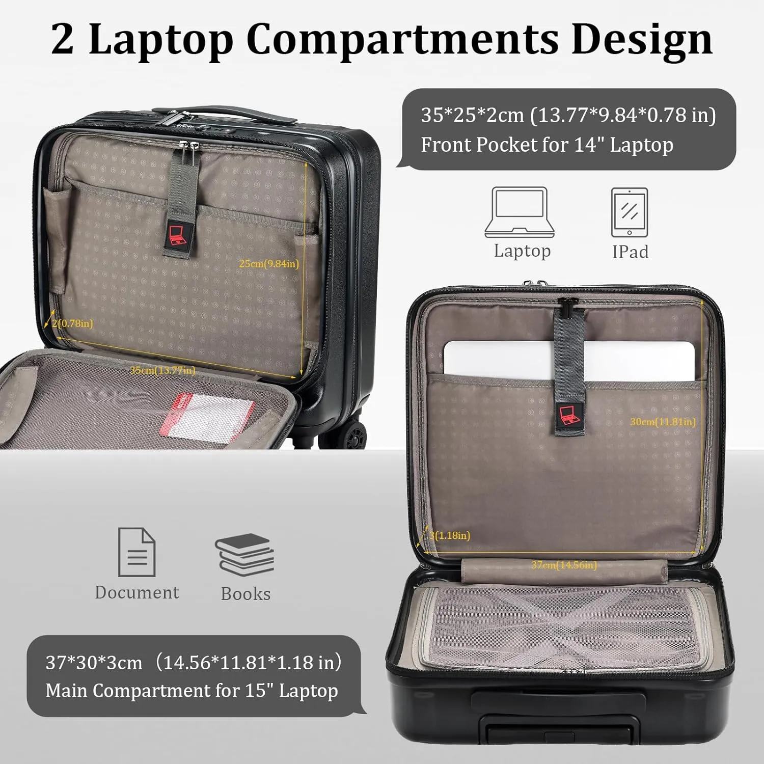 16" Carry On Briefcase Luggage with 2 Laptop Compartments, Lightweight Hardshell Suitcase with Spinner Silent Wheels, for Commute Work Business Trip, Black