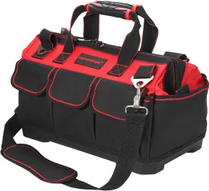 17 Inch Tool Bag with Adjustable Shoulder Strap,Wide Mouth Tool Bags,Heavy Duty Waterproof Tools Bag Organizer,Plastic Hard Bottom Base Tool Tote Bag for Electrician Carpenter Mechanic Men