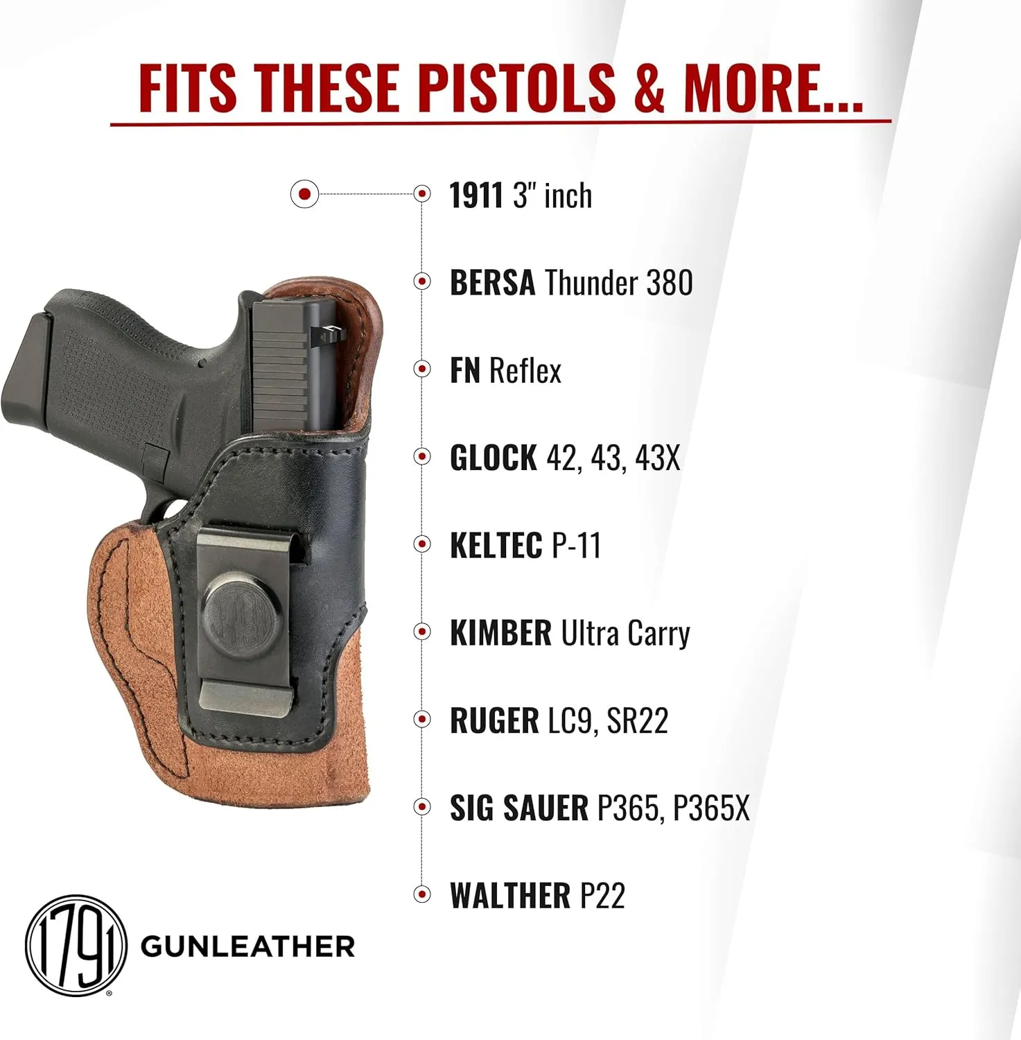 1791 GUNLEATHER Glock 43 Holster - Rigid IWB Premium Leather Gun Holster - Right Handed - Fits Glock 43, 43X, 42, 1911 3" Colt, Kimber & Sig, Bersa Thunder, Ruger LC9, SR22, P365, Walther P22