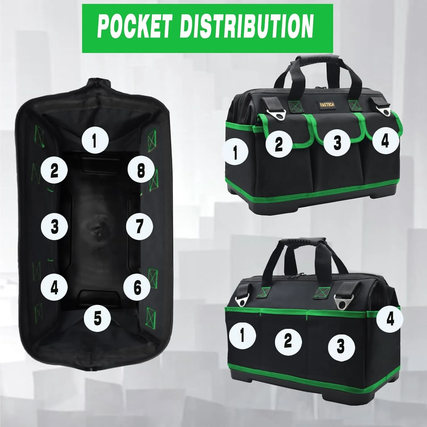18 Inch Tool Bag With Molded Base and Comfortable Shoulder Straps, Waterproof Wide Mouth Tool Kit, Tool Storage Package For Men/Women (Green18IN)