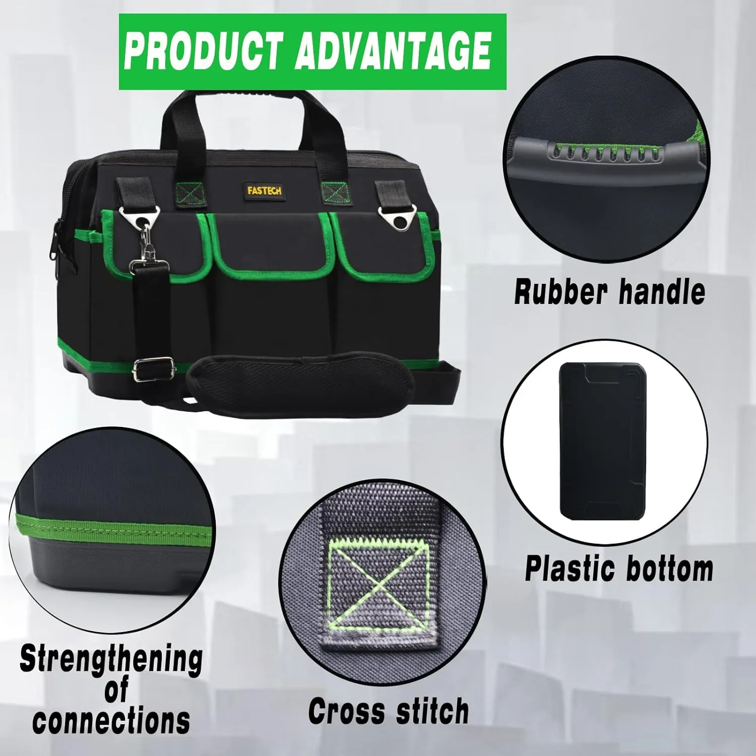 18 Inch Tool Bag With Molded Base and Comfortable Shoulder Straps, Waterproof Wide Mouth Tool Kit, Tool Storage Package For Men/Women (Green18IN)