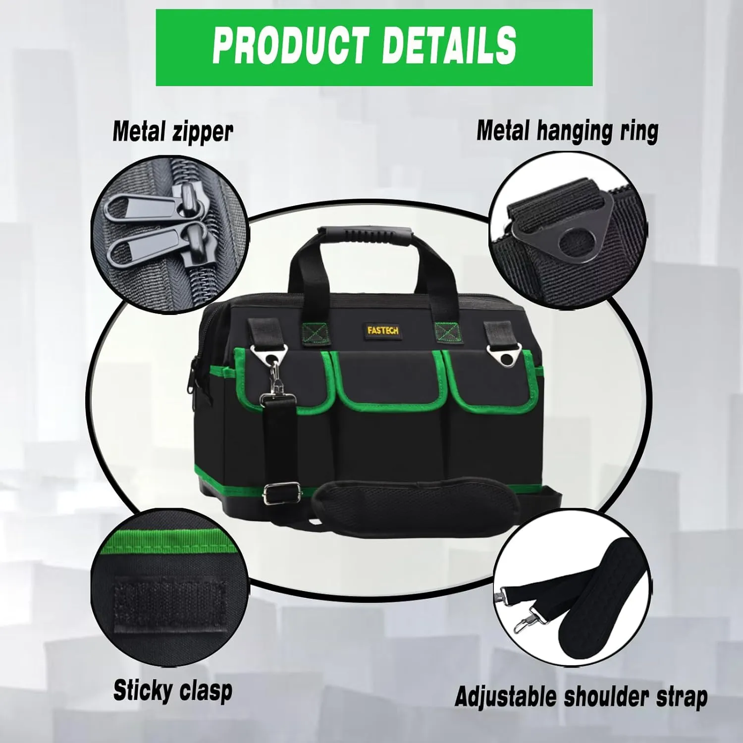 18 Inch Tool Bag With Molded Base and Comfortable Shoulder Straps, Waterproof Wide Mouth Tool Kit, Tool Storage Package For Men/Women (Green18IN)