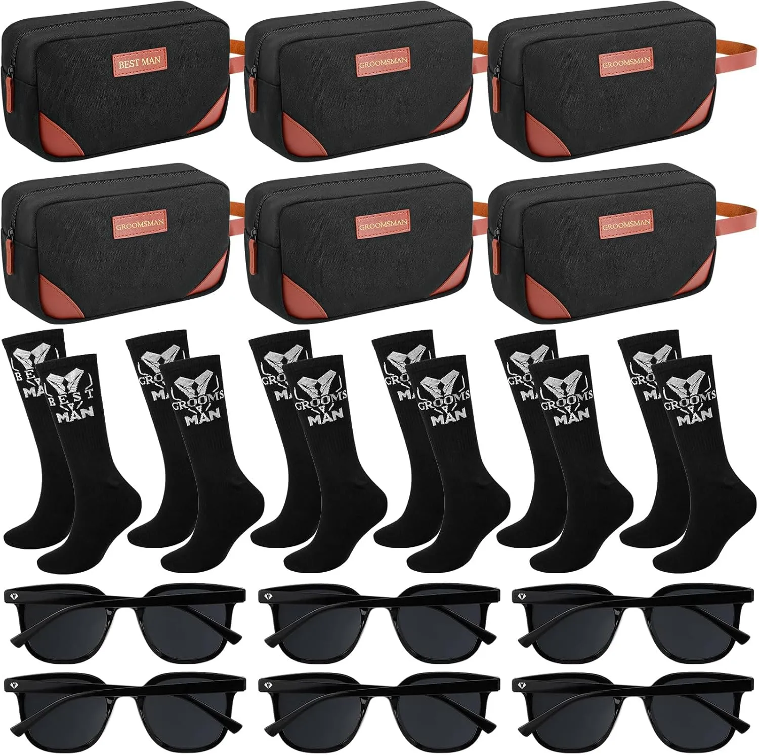 18 Pcs Wedding Groomsmen Gifts Set Include Pcs Men Toiletry Bags Pairs Cotton Groomsmen Socks Pairs of Sunglasses for Wedding Proposal Gifts Bachelor Party Travel Kit(Black)