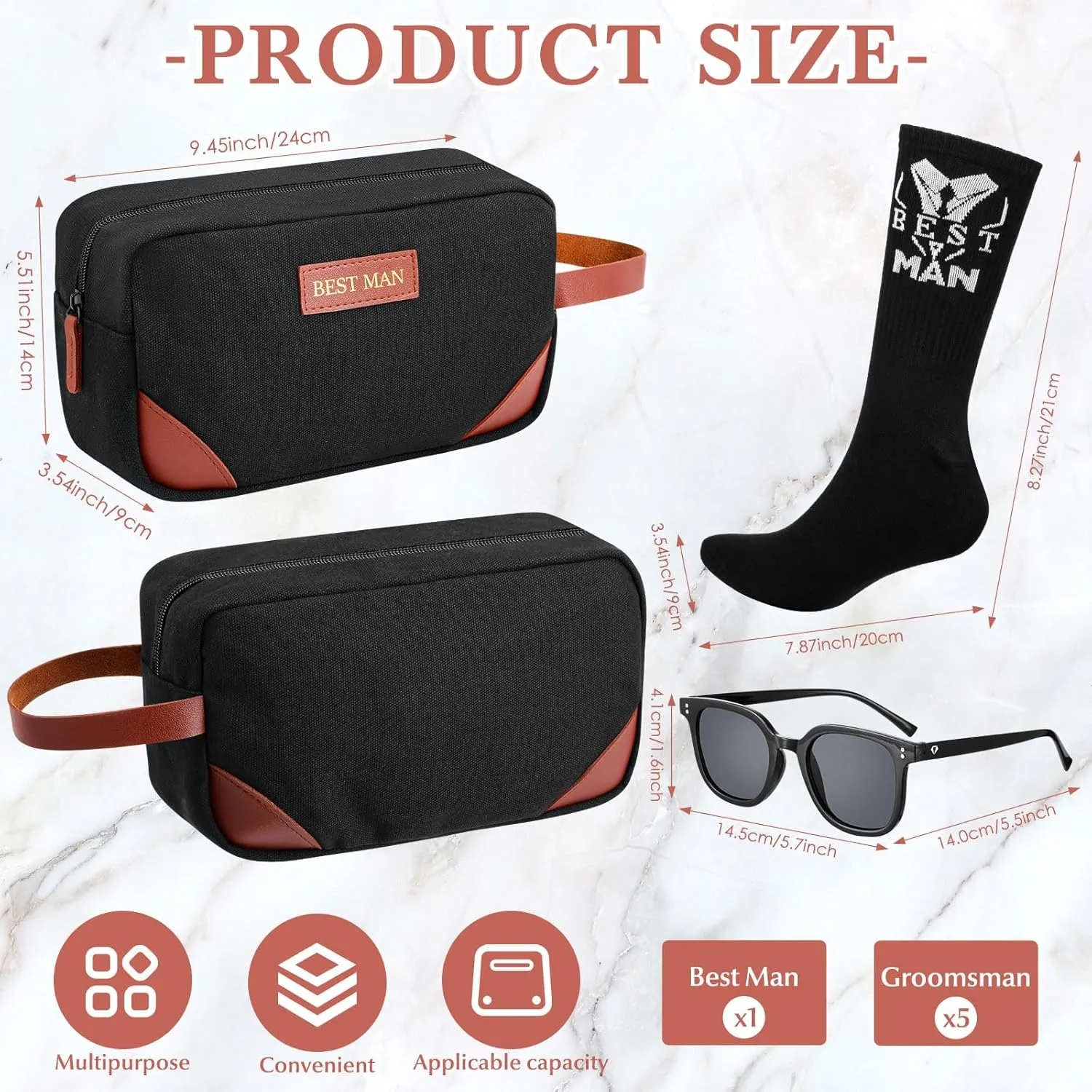18 Pcs Wedding Groomsmen Gifts Set Include Pcs Men Toiletry Bags Pairs Cotton Groomsmen Socks Pairs of Sunglasses for Wedding Proposal Gifts Bachelor Party Travel Kit(Black)