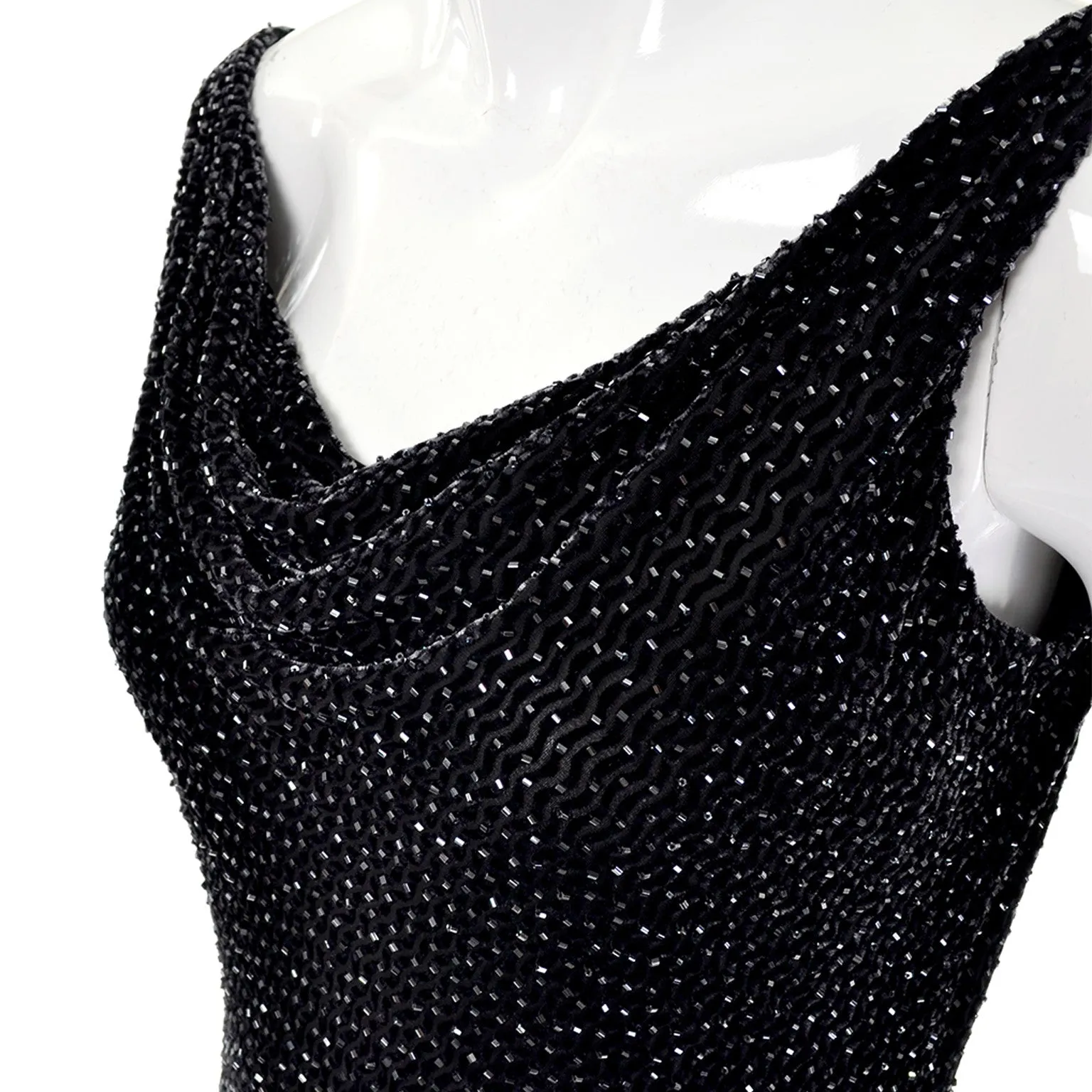 1990s Carmen Marc Valvo Black Beaded Evening Dress with Drop Neckline Size Small