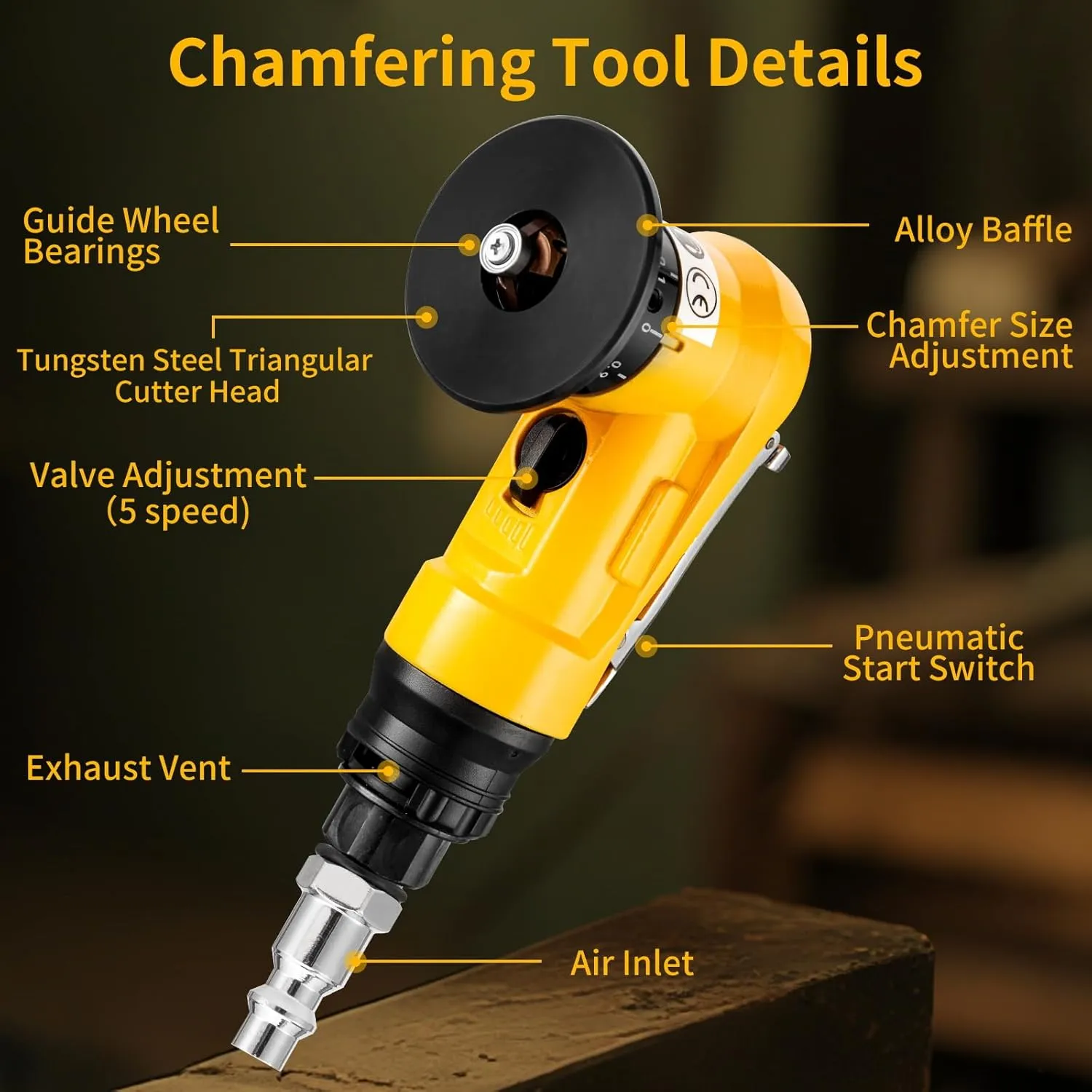 2 in 1 Pneumatic Chamfering Tool- Mini Air Chamfer Tool with Multi-Angle Chamfering Kit,45 Arc Corner Deburring Beveling Chamfer Machine for Metal, Acrylic,Woodworking (Yellow)