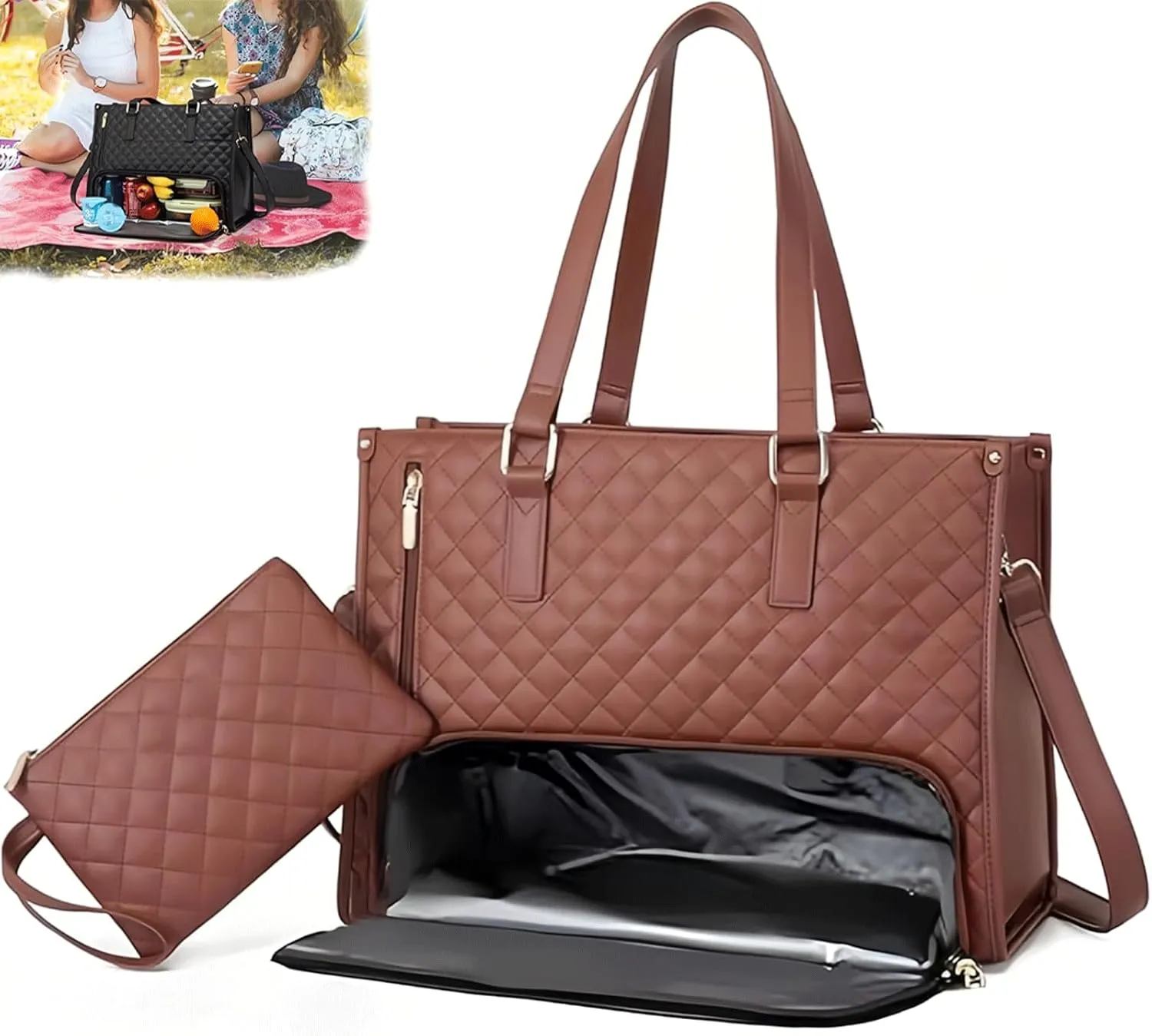 2 in 1Lunch Tote Bag for Women,Work Tote Lunch Bag Combo,Pu Leather 15.6 Inch Work Elegant Computer Handbag