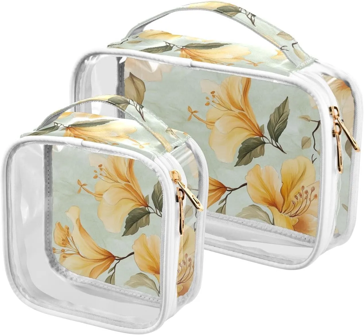2 Pack clear Golden Flowers Retro travel toiletry bags TSA approved portable makeup bag travel Airport Airline Compliant