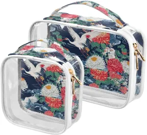 2 Pack clear toiletry bag large TSA approved multifunctional clear cosmetic bag travel essential Red and White Crane Flowers