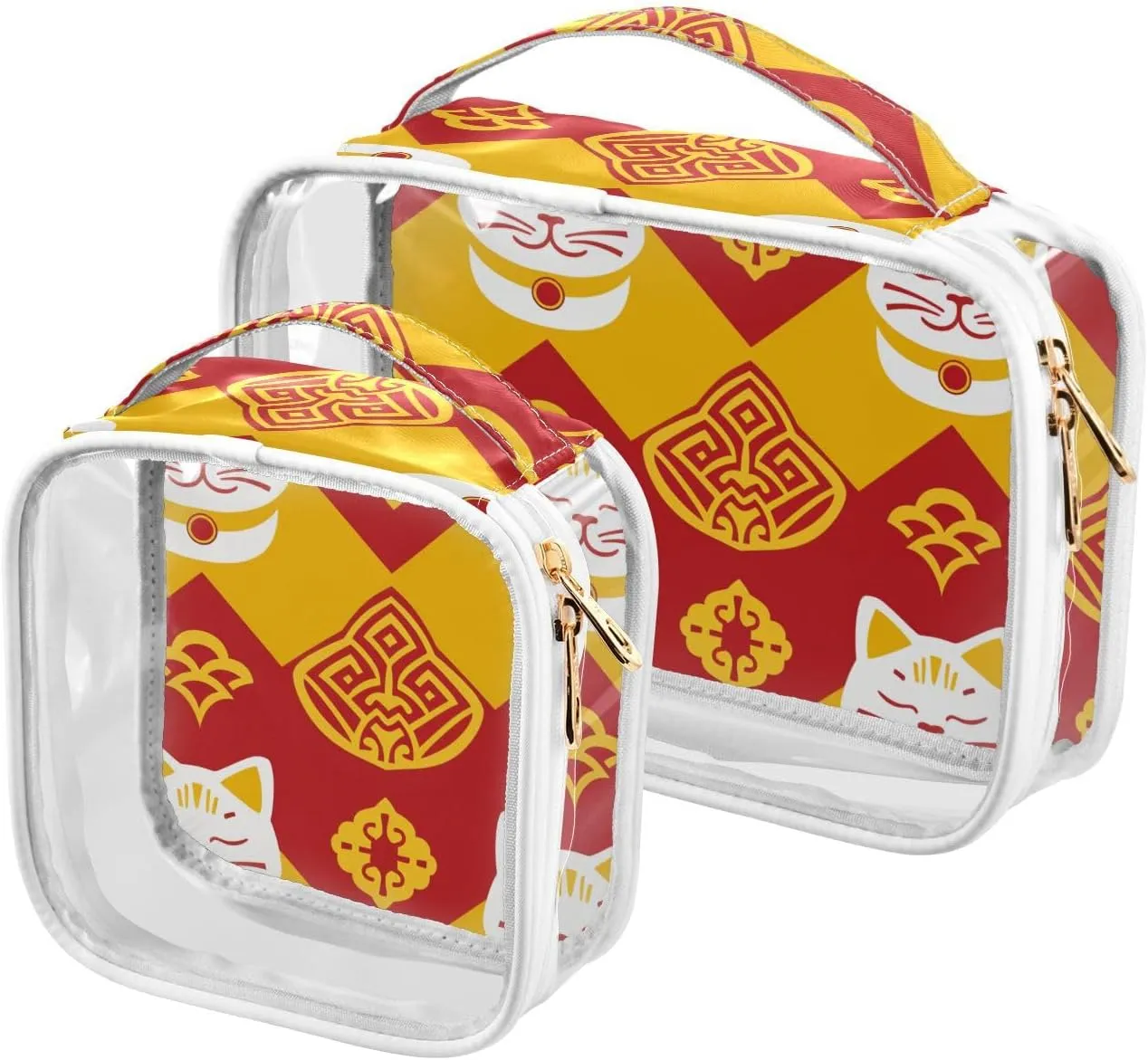 2 Pack clear Traditional Chinese Pattern Cat Yellow hanging toiletry travel TSA approved portable small cosmetic bag Men’s shaving kit