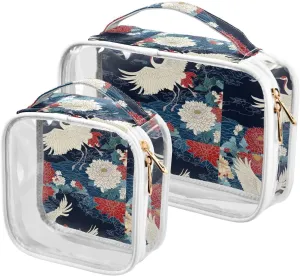 2 Pack clear travel toiletry bags TSA approved portable bag travel cosmetic travel essential Red and White Crane Flowers
