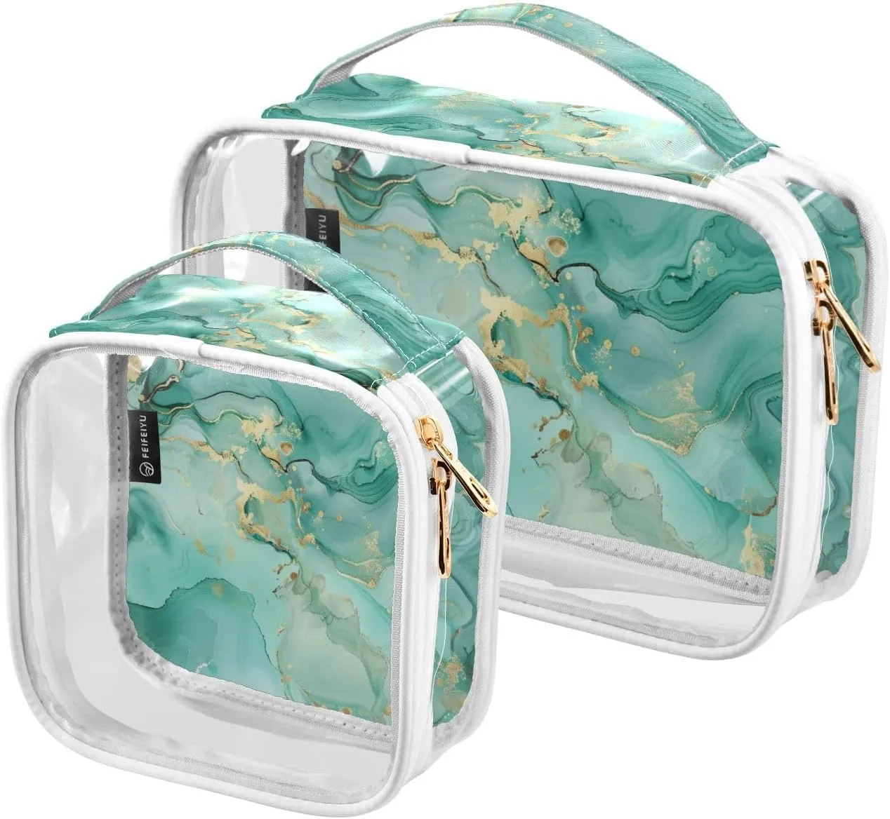 2 Pack Greenish-gold Marble Texture clear decorative toiletry bag men TSA approved transparent cosmetic bag travel shaving essentials Bolsa de almacenamiento