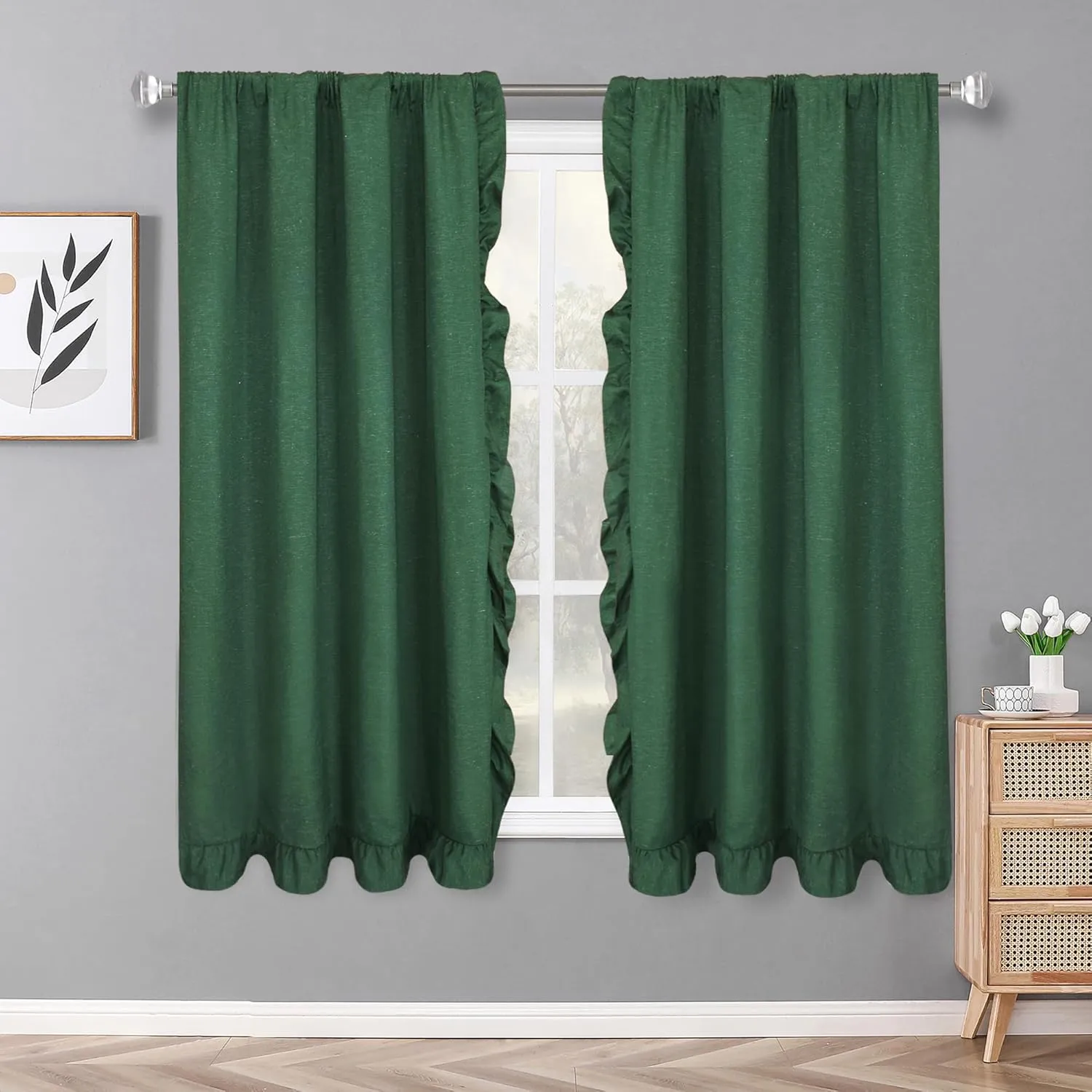 2 Panel 52" W by 63" H Linen Window Curtain Set Rustic Style Decoration with Ruffled Edge, Tie Backs and Wall Adhesive Hooks (Hunter)
