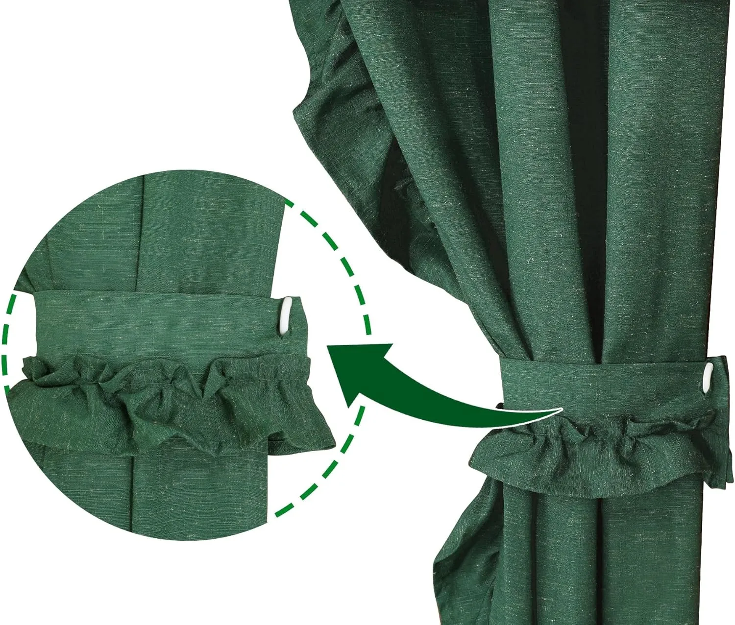 2 Panel 52" W by 63" H Linen Window Curtain Set Rustic Style Decoration with Ruffled Edge, Tie Backs and Wall Adhesive Hooks (Hunter)