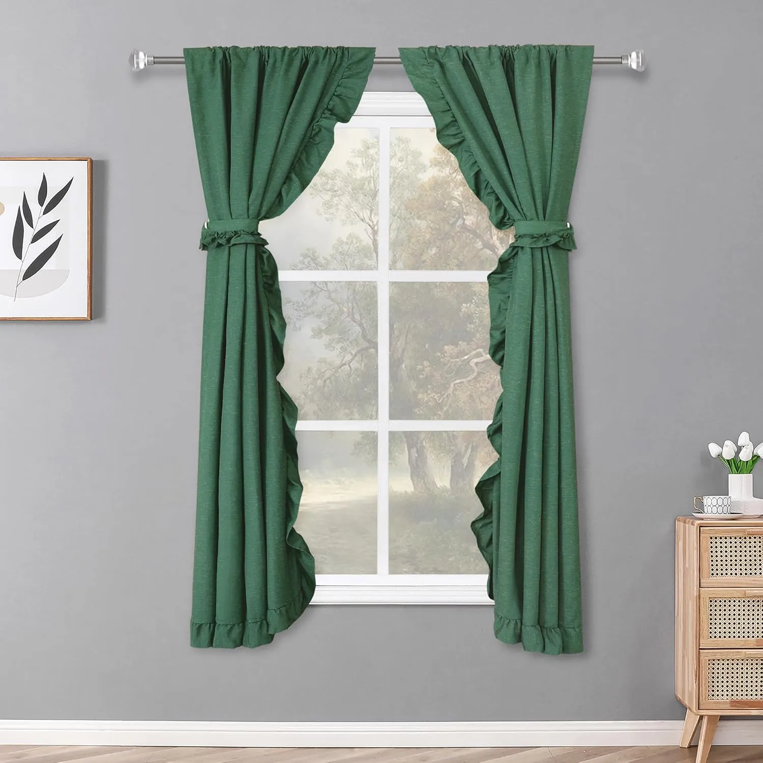 2 Panel 52" W by 63" H Linen Window Curtain Set Rustic Style Decoration with Ruffled Edge, Tie Backs and Wall Adhesive Hooks (Hunter)
