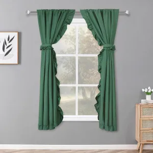 2 Panel 52" W by 63" H Linen Window Curtain Set Rustic Style Decoration with Ruffled Edge, Tie Backs and Wall Adhesive Hooks (Hunter)