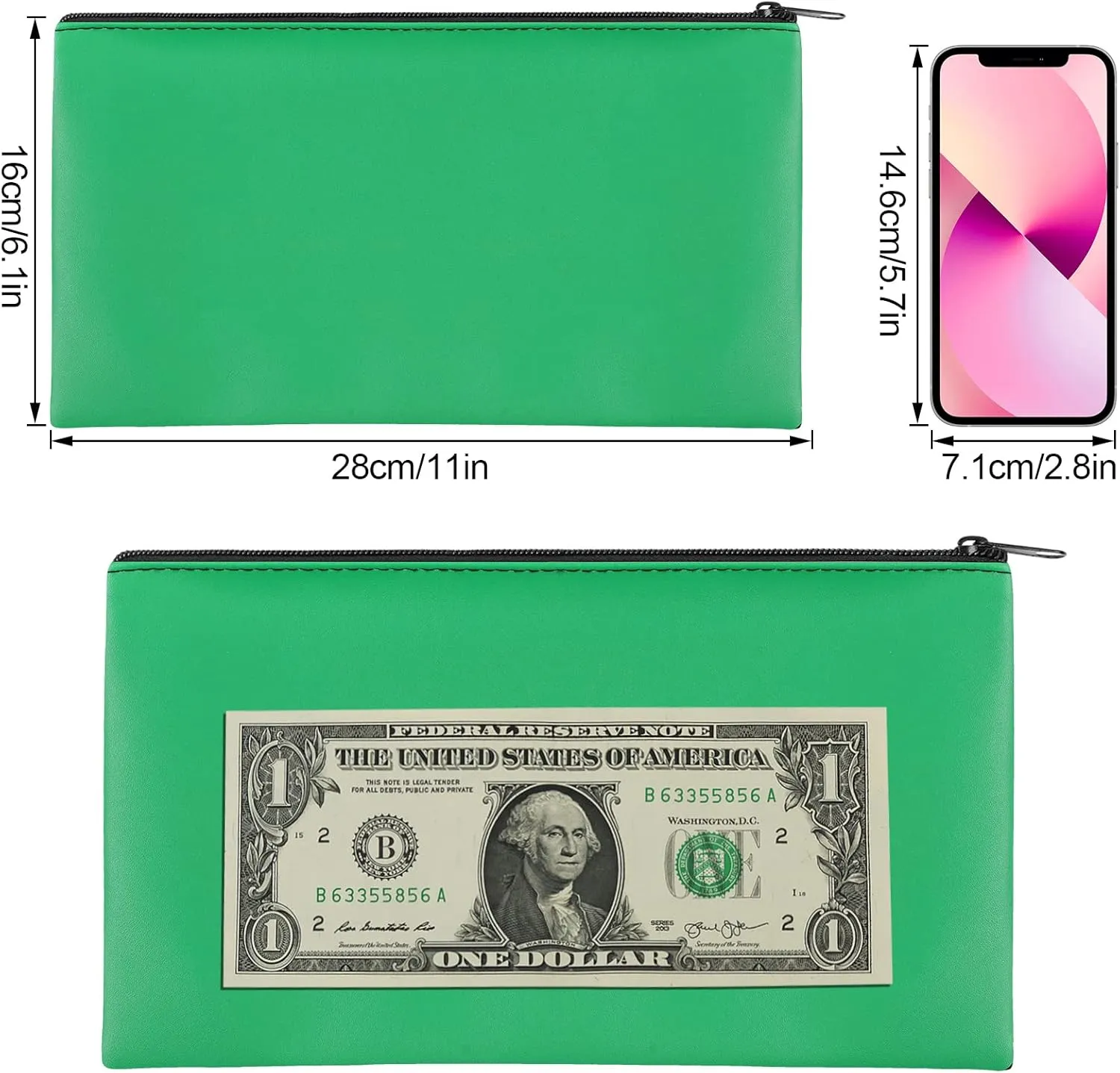2 Pieces Money Bags With Zipper , 11x6.1 inch Money Pouch, Bank Bag, Cash Bag , Check Wallet, Cosmetics(Green)