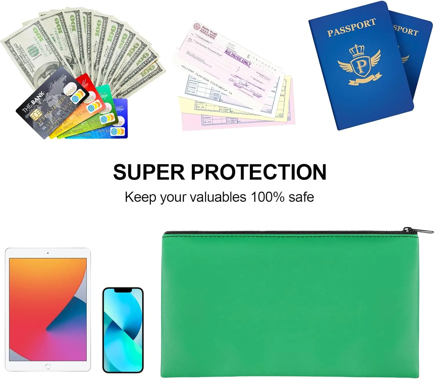 2 Pieces Money Bags With Zipper , 11x6.1 inch Money Pouch, Bank Bag, Cash Bag , Check Wallet, Cosmetics(Green)