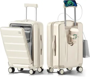 20 IN Carry On Luggage 22x14x9 Airline Approved - Front Pocket Hardside Travel Suitcase Unbreakable -with Cup Holder,Charging Port,Side Pothook, 360°Spinner Wheels, TSA Lock, White