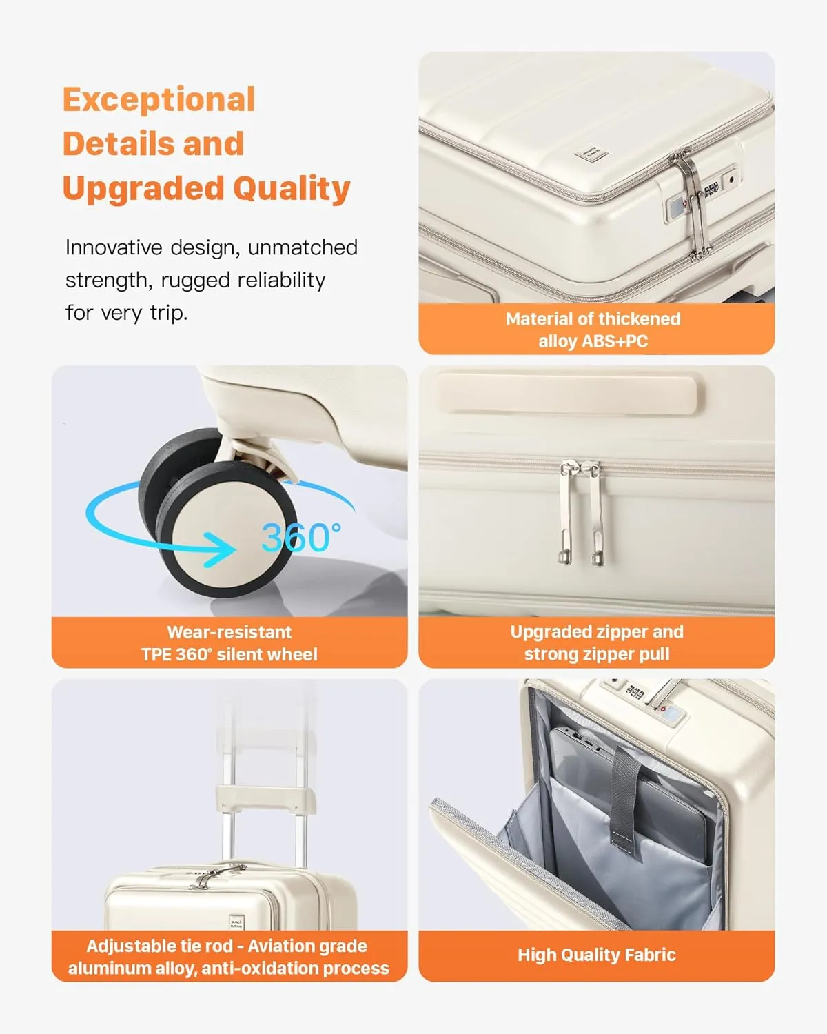 20 IN Carry On Luggage 22x14x9 Airline Approved - Front Pocket Hardside Travel Suitcase Unbreakable -with Cup Holder,Charging Port,Side Pothook, 360°Spinner Wheels, TSA Lock, White