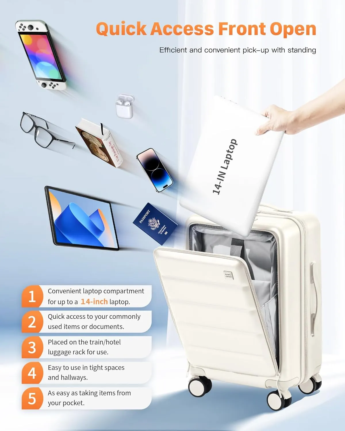 20 IN Carry On Luggage 22x14x9 Airline Approved - Front Pocket Hardside Travel Suitcase Unbreakable -with Cup Holder,Charging Port,Side Pothook, 360°Spinner Wheels, TSA Lock, White
