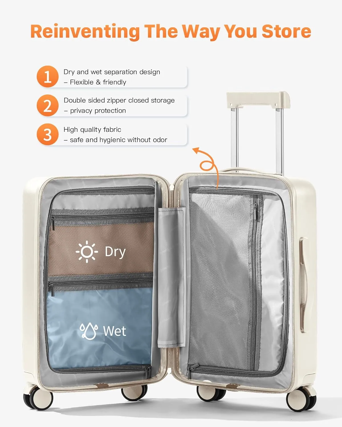 20 IN Carry On Luggage 22x14x9 Airline Approved - Front Pocket Hardside Travel Suitcase Unbreakable -with Cup Holder,Charging Port,Side Pothook, 360°Spinner Wheels, TSA Lock, White