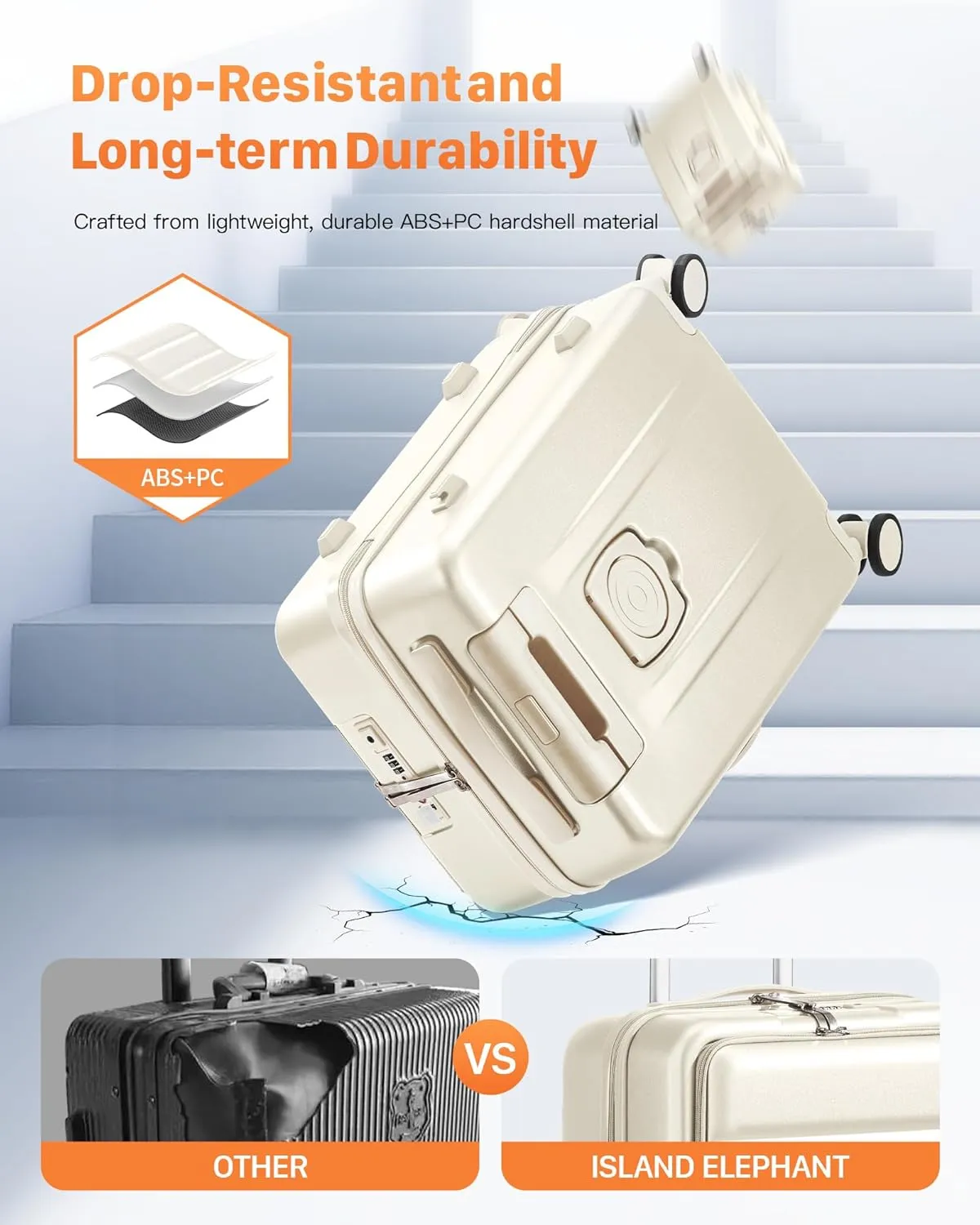 20 IN Carry On Luggage 22x14x9 Airline Approved - Front Pocket Hardside Travel Suitcase Unbreakable -with Cup Holder,Charging Port,Side Pothook, 360°Spinner Wheels, TSA Lock, White