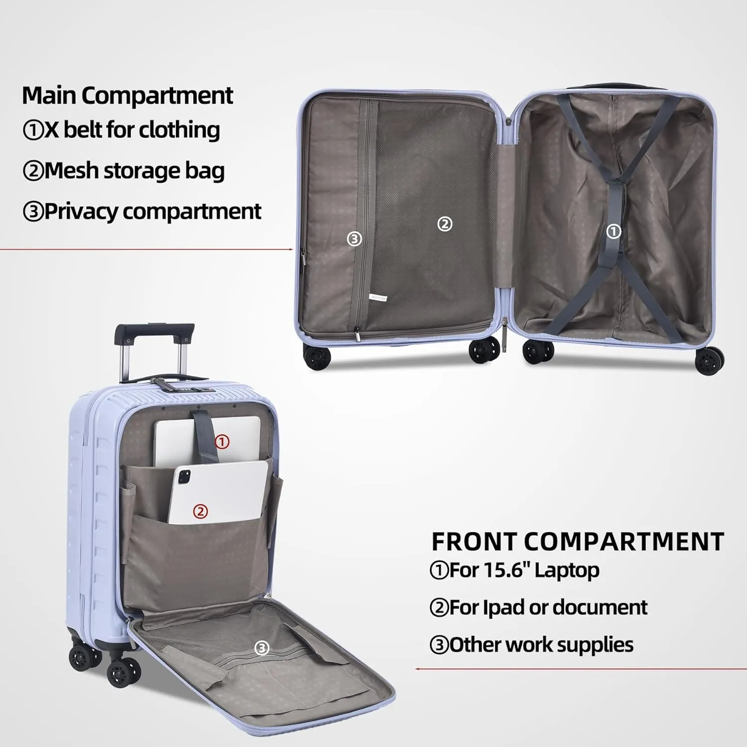 20 Inch Carry On Suitcase with Front Pocket for 15.6" Laptop, 40 * 20 * 55cm, 37L, Ligthweight ABS PC Hardshell Cabin Luggage, Lilac Purple