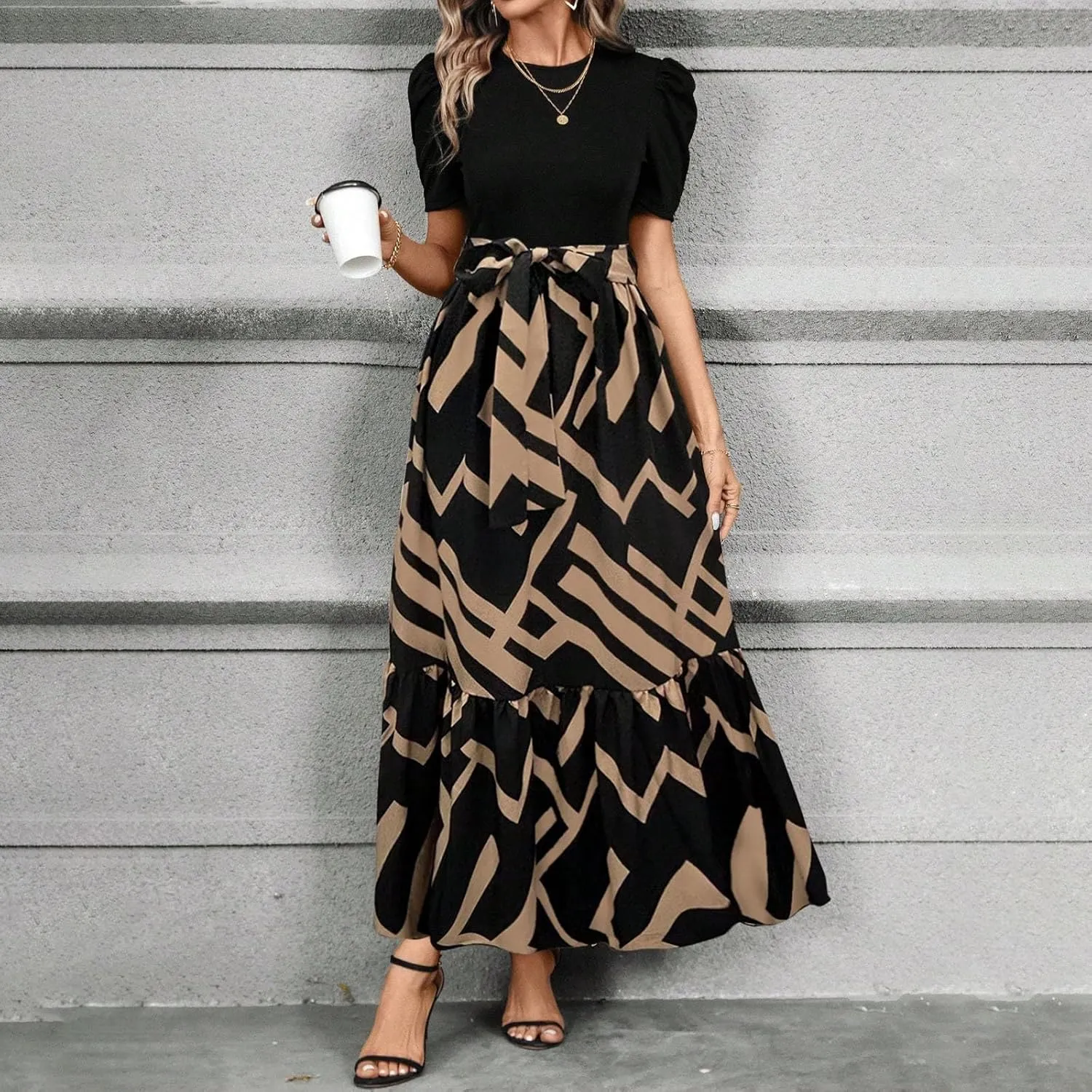2025 Summer Fashion Elegant Temperament Curved Hem Women's Flower Round Neck Floral Printed High Waist Dresses