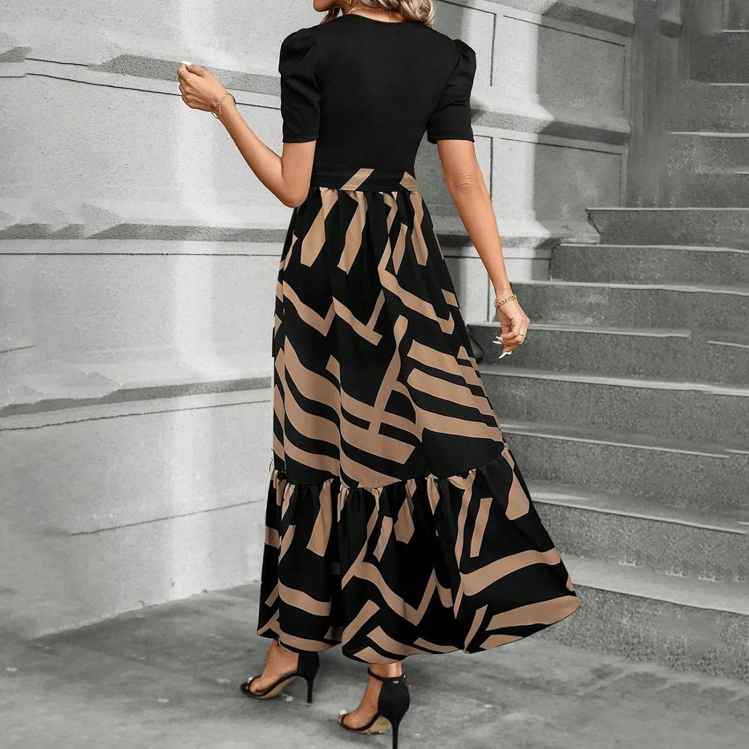 2025 Summer Fashion Elegant Temperament Curved Hem Women's Flower Round Neck Floral Printed High Waist Dresses