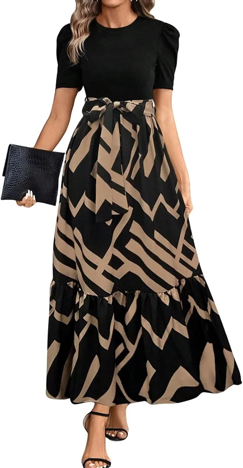 2025 Summer Fashion Elegant Temperament Curved Hem Women's Flower Round Neck Floral Printed High Waist Dresses