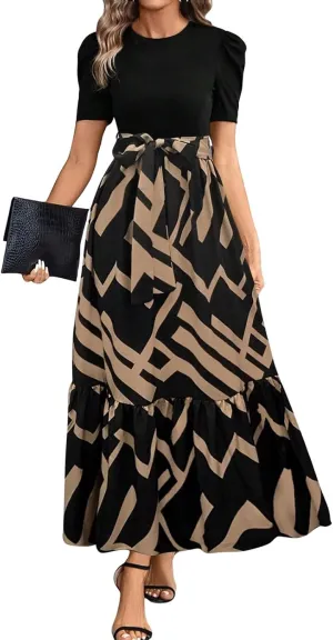 2025 Summer Fashion Elegant Temperament Curved Hem Women's Flower Round Neck Floral Printed High Waist Dresses