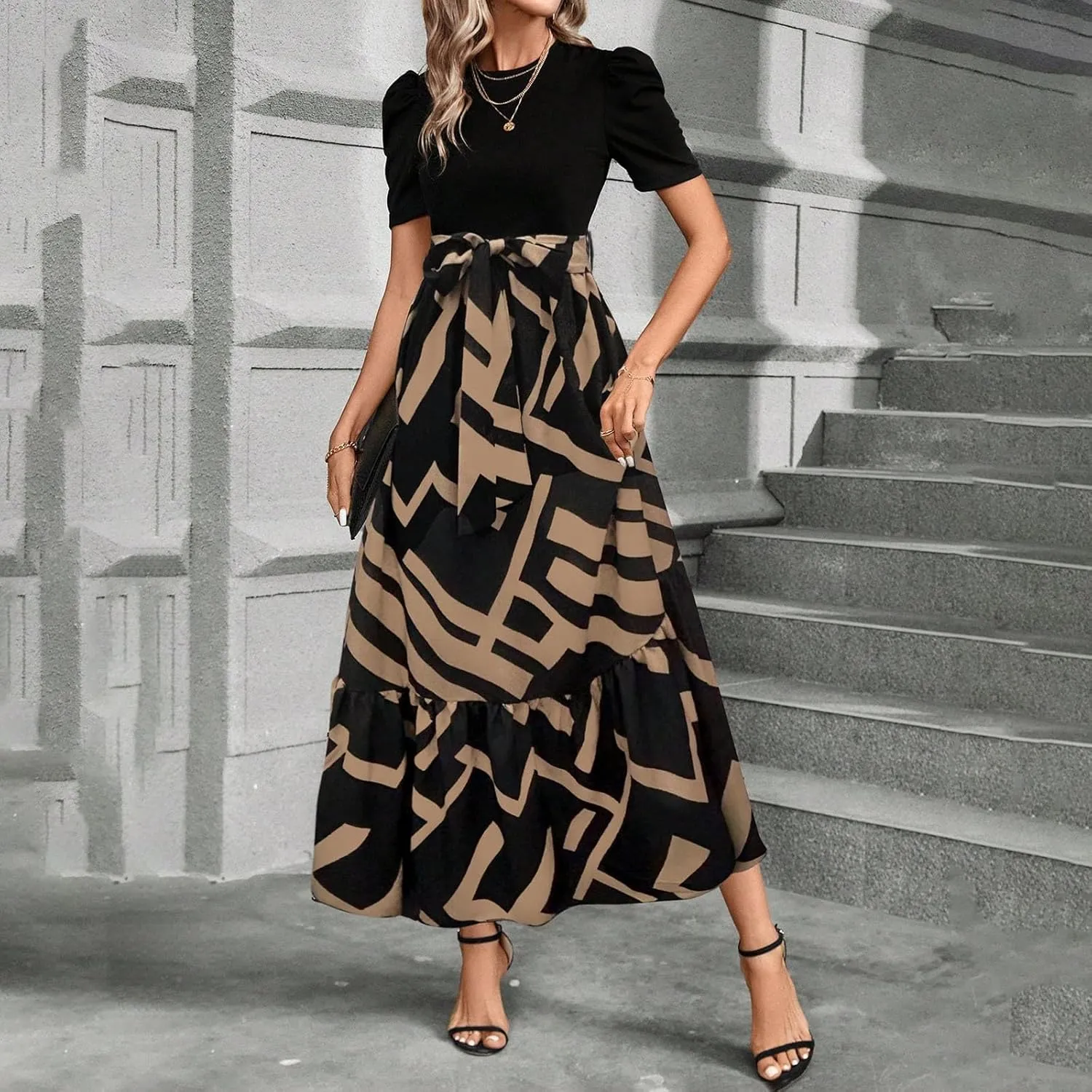 2025 Summer Fashion Elegant Temperament Curved Hem Women's Flower Round Neck Floral Printed High Waist Dresses
