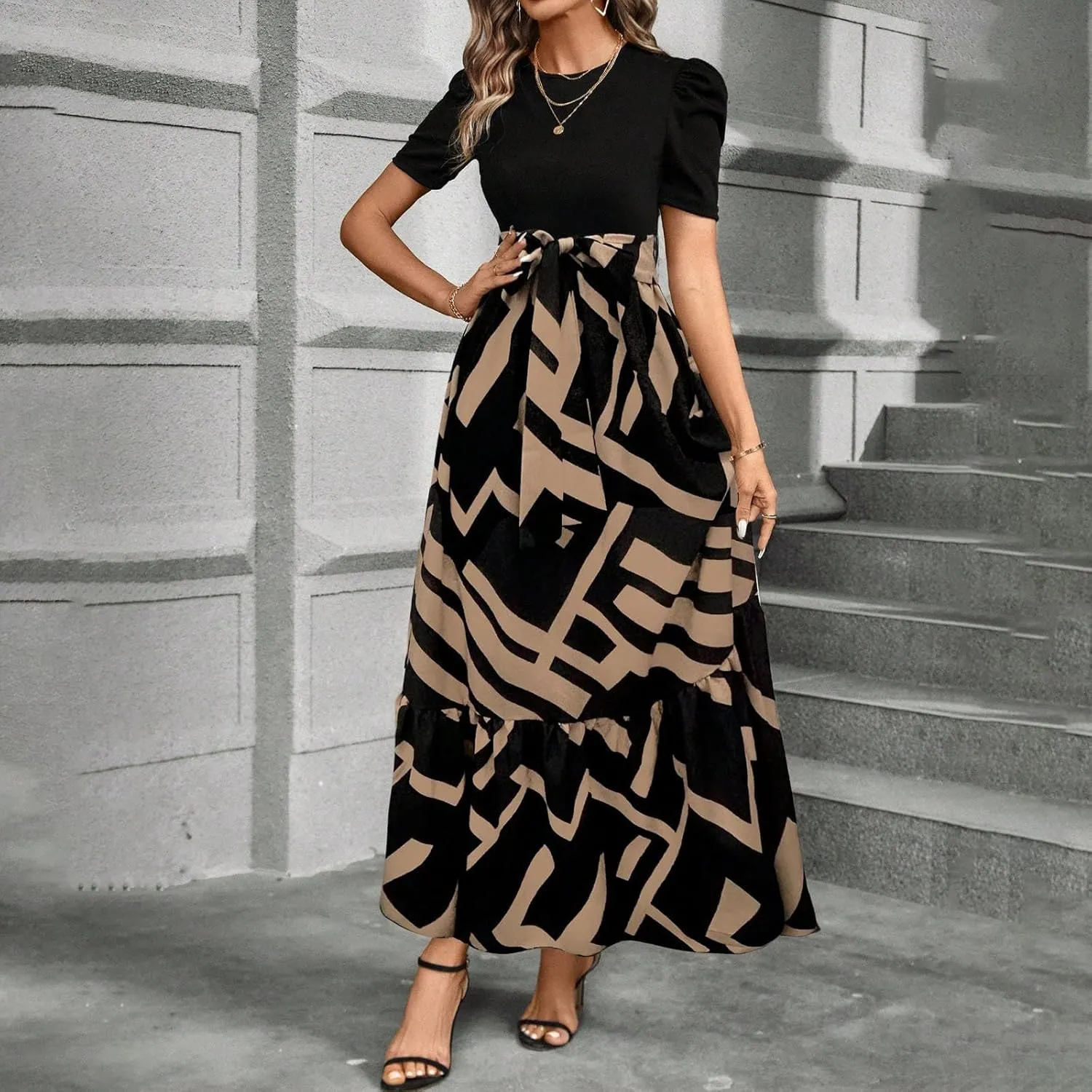 2025 Summer Fashion Elegant Temperament Curved Hem Women's Flower Round Neck Floral Printed High Waist Dresses