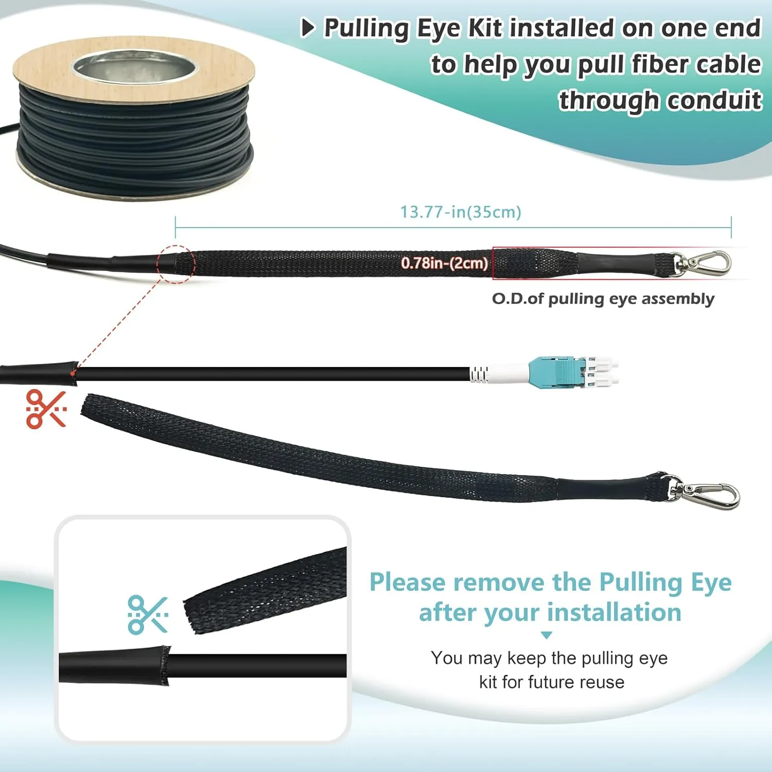 250ft/75m OD-5mm Industrial TPU OM3 Fiber LC to LC Outdoor Armored Fiber Patch Cable, Duplex Multimode Fiber Optic Cable, 40Gb 10Gb, 50/125, Uniboot LC-LC with Pulling Eye Kit Installed on one end