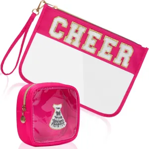 2Pcs Clear Cheer Bag Chenille Varsity Letter Makeup Bag Preppy Patch Pouch Waterproof PVC Toiletry Organizer Flat Travel Cosmetic Bag Cheerleader Gifts for Women(Cheer-Rose Red)