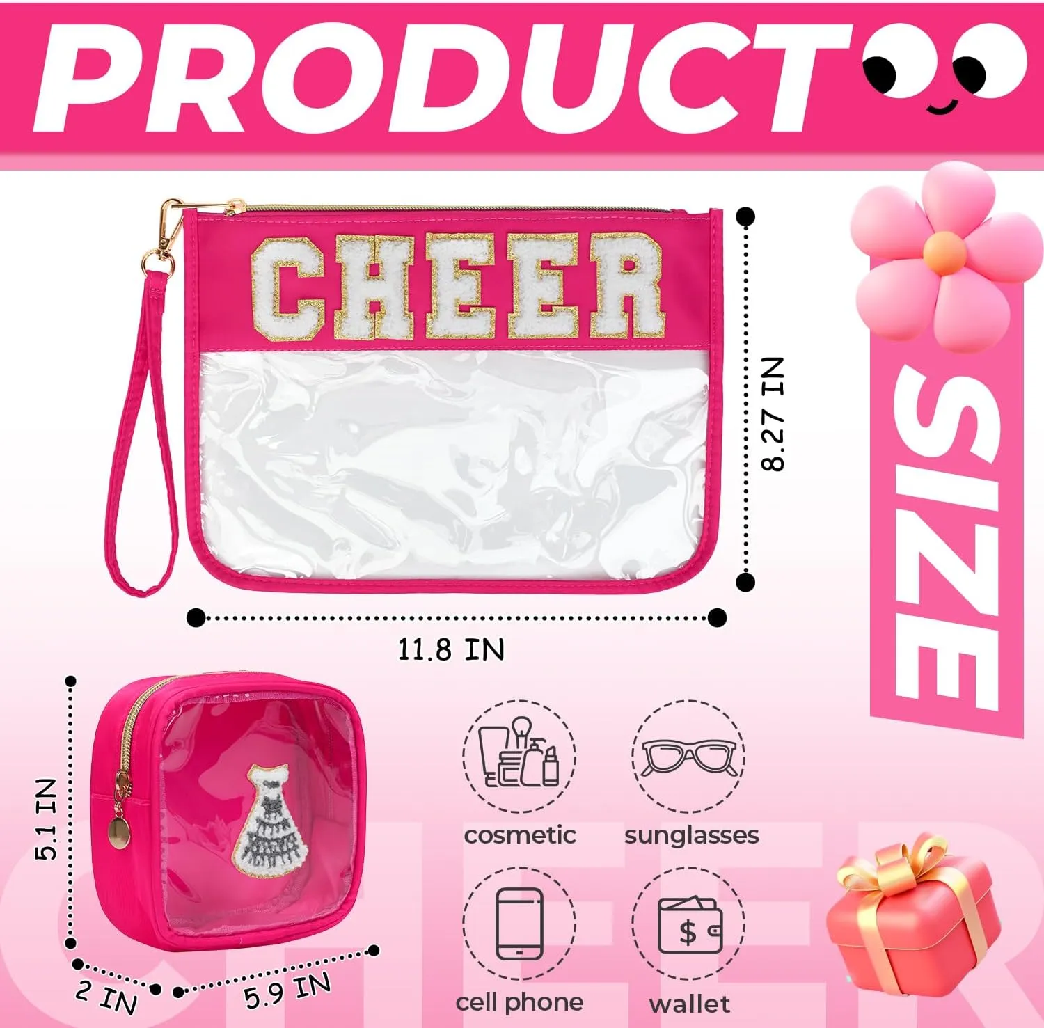 2Pcs Clear Cheer Bag Chenille Varsity Letter Makeup Bag Preppy Patch Pouch Waterproof PVC Toiletry Organizer Flat Travel Cosmetic Bag Cheerleader Gifts for Women(Cheer-Rose Red)