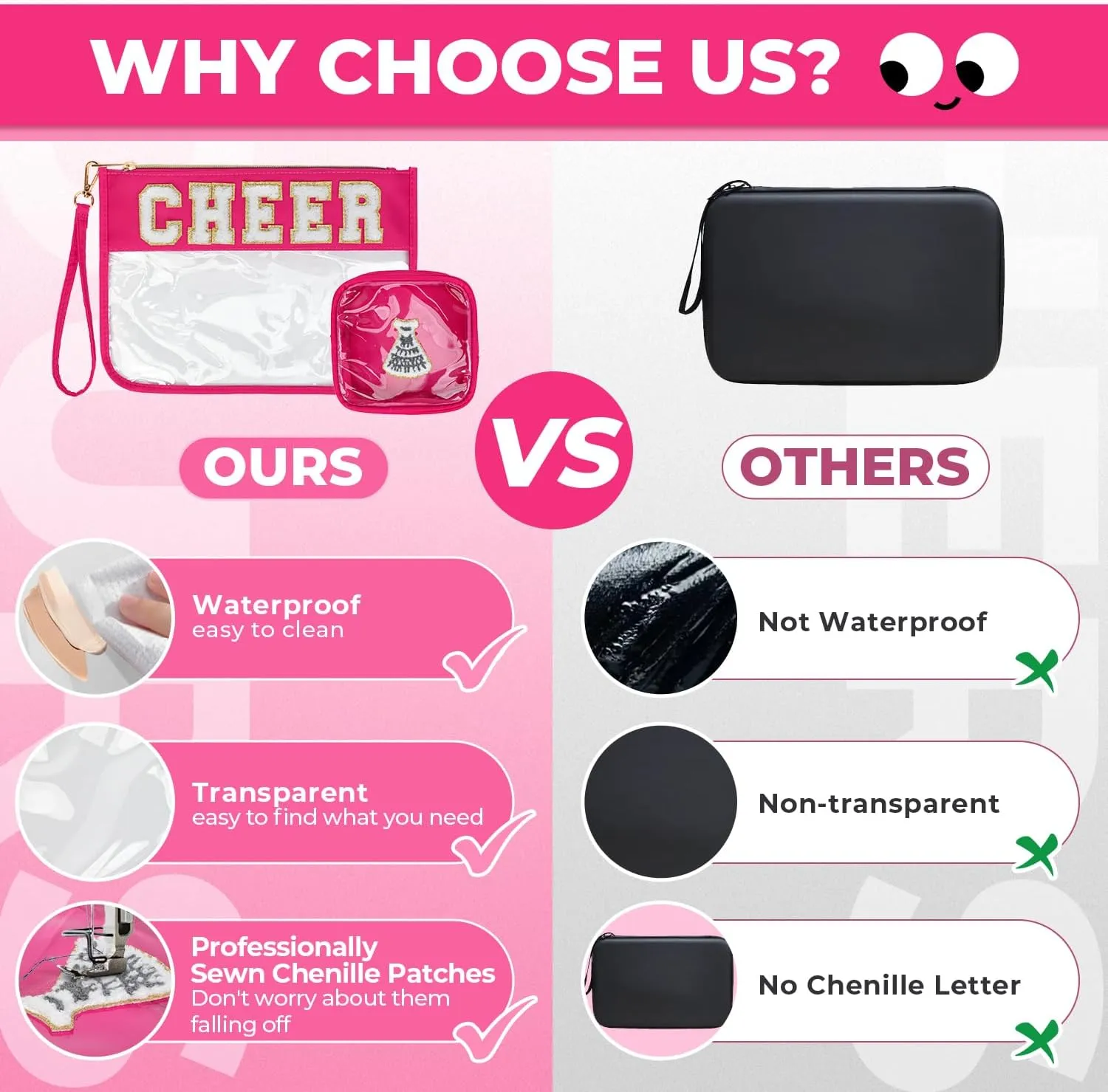 2Pcs Clear Cheer Bag Chenille Varsity Letter Makeup Bag Preppy Patch Pouch Waterproof PVC Toiletry Organizer Flat Travel Cosmetic Bag Cheerleader Gifts for Women(Cheer-Rose Red)