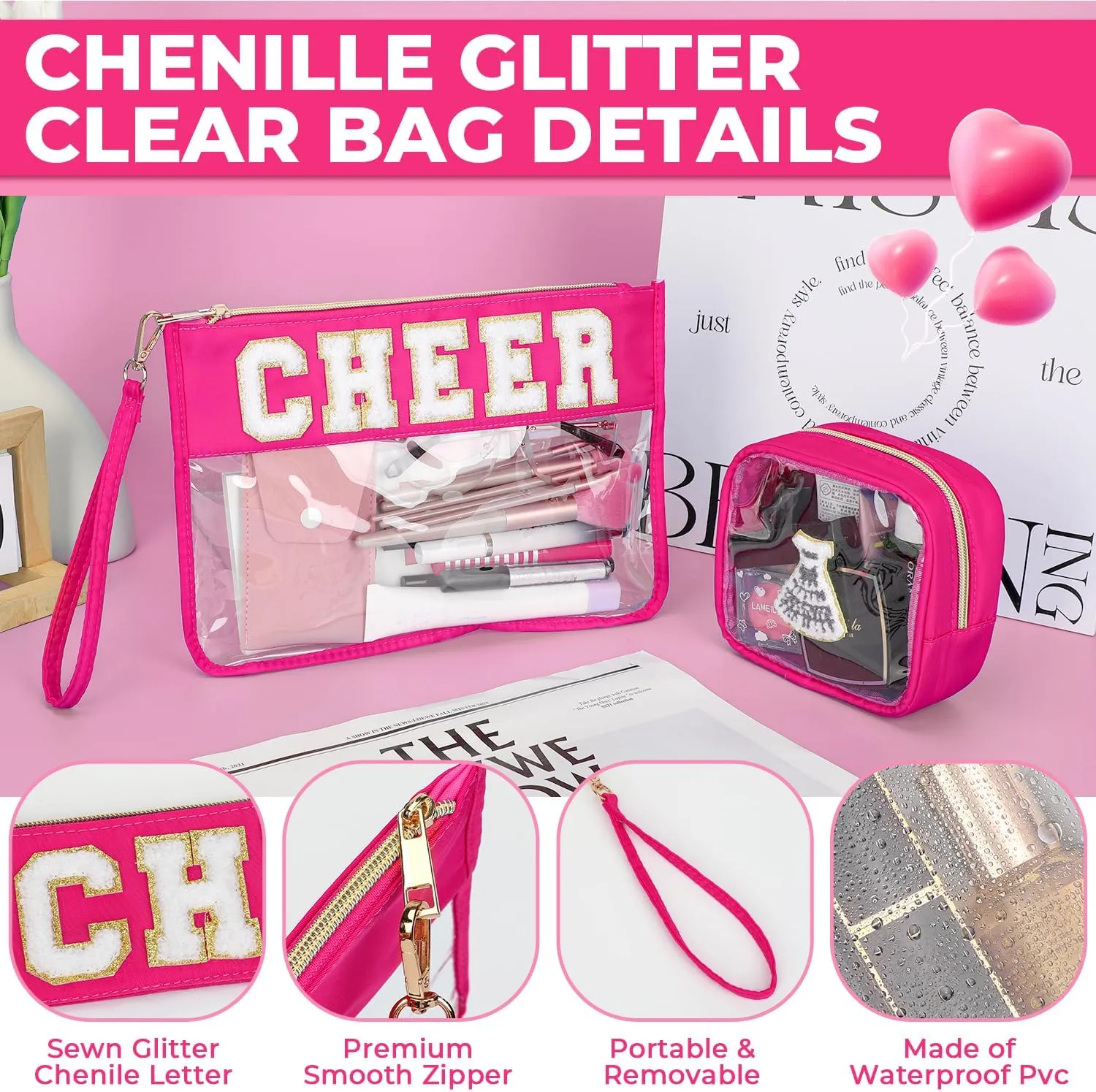 2Pcs Clear Cheer Bag Chenille Varsity Letter Makeup Bag Preppy Patch Pouch Waterproof PVC Toiletry Organizer Flat Travel Cosmetic Bag Cheerleader Gifts for Women(Cheer-Rose Red)