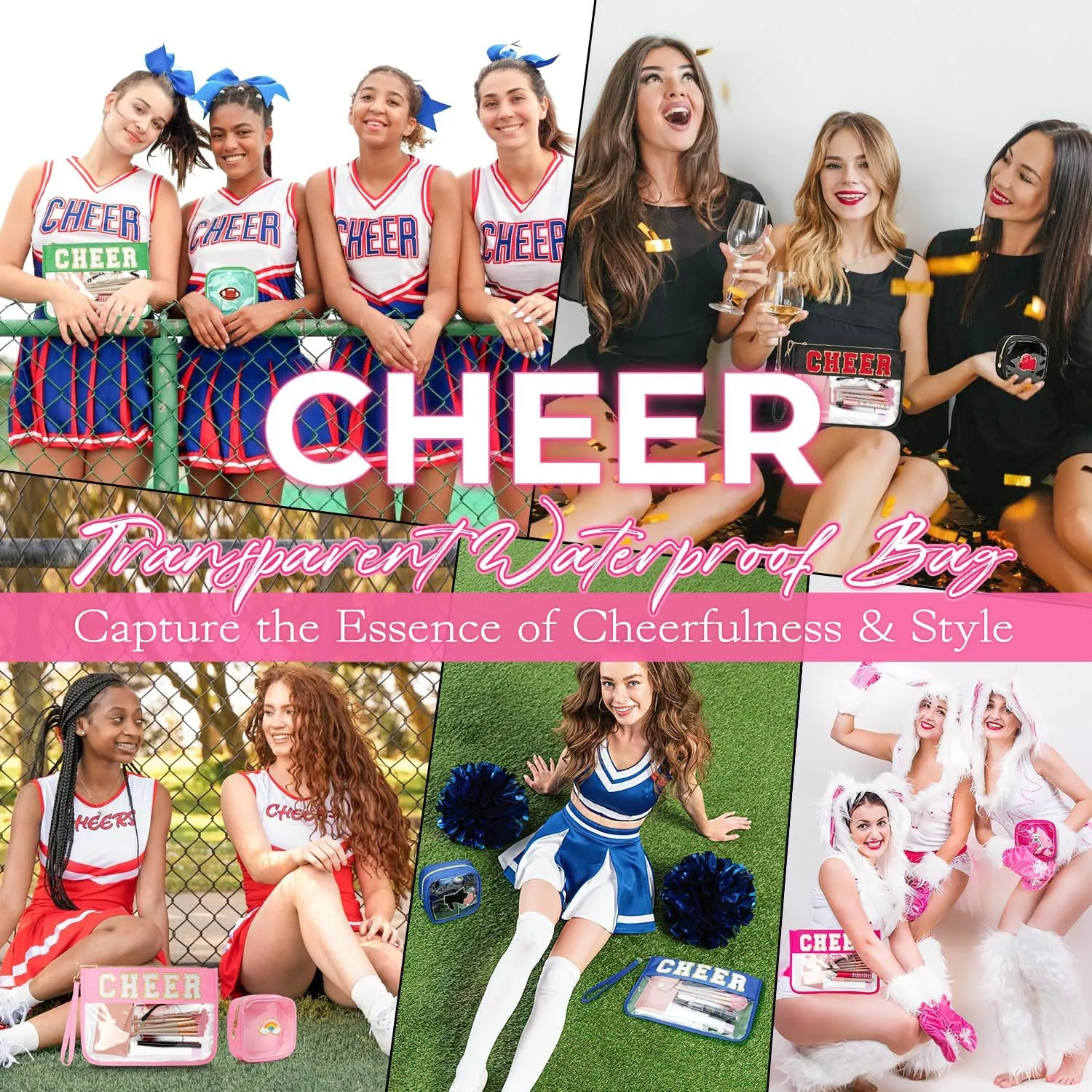 2Pcs Clear Cheer Bag Chenille Varsity Letter Makeup Bag Preppy Patch Pouch Waterproof PVC Toiletry Organizer Flat Travel Cosmetic Bag Cheerleader Gifts for Women(Cheer-Rose Red)
